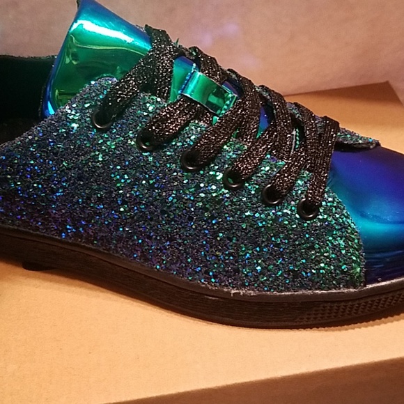 NEW BLUE GREEN GLITTER SEQUINS SNEAKERS SHOES - Picture 4 of 8